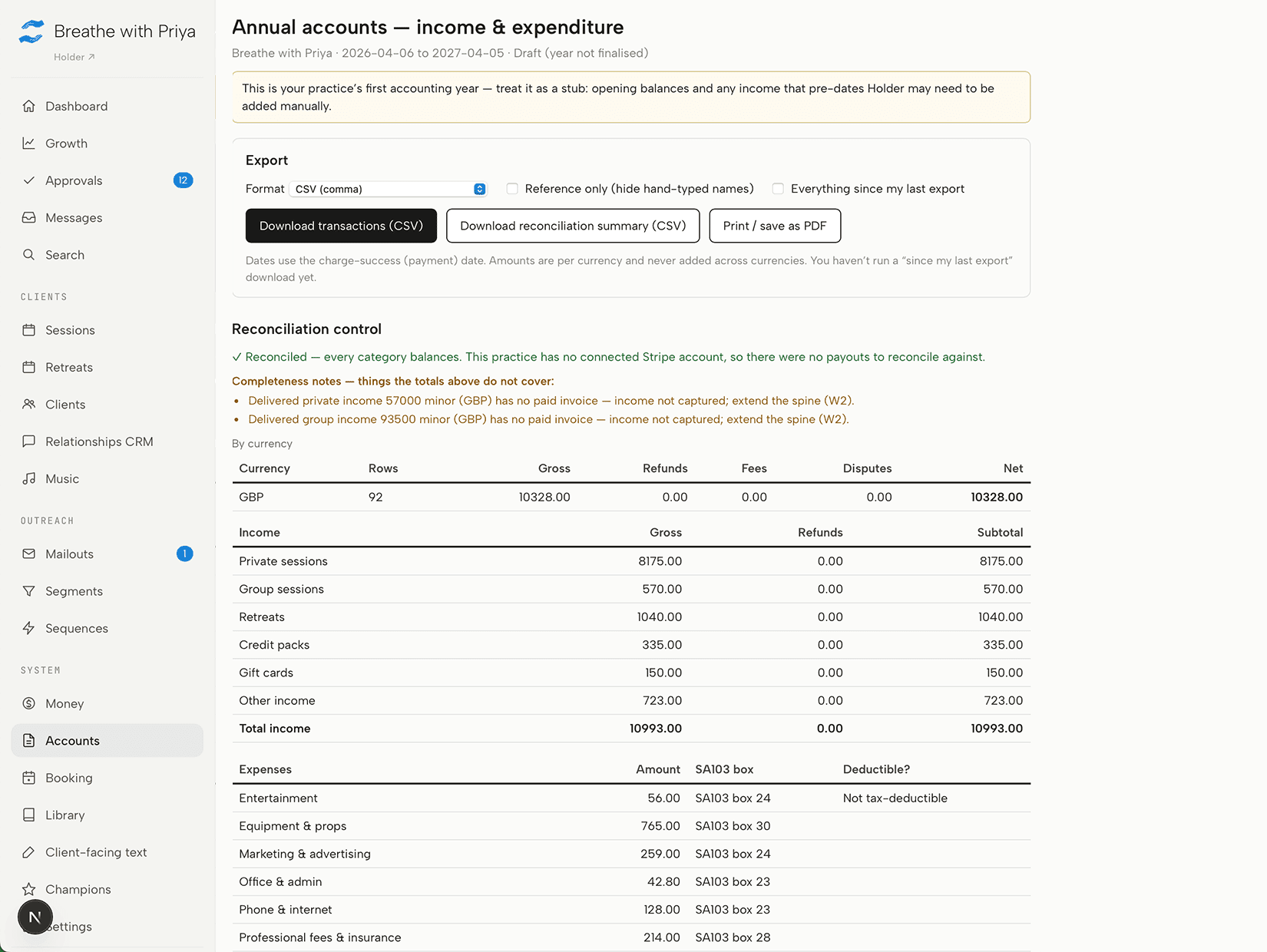 Holder annual accounts view — income by category and expenses mapped to UK SA103 tax boxes, with a reconciliation summary and CSV or PDF export
