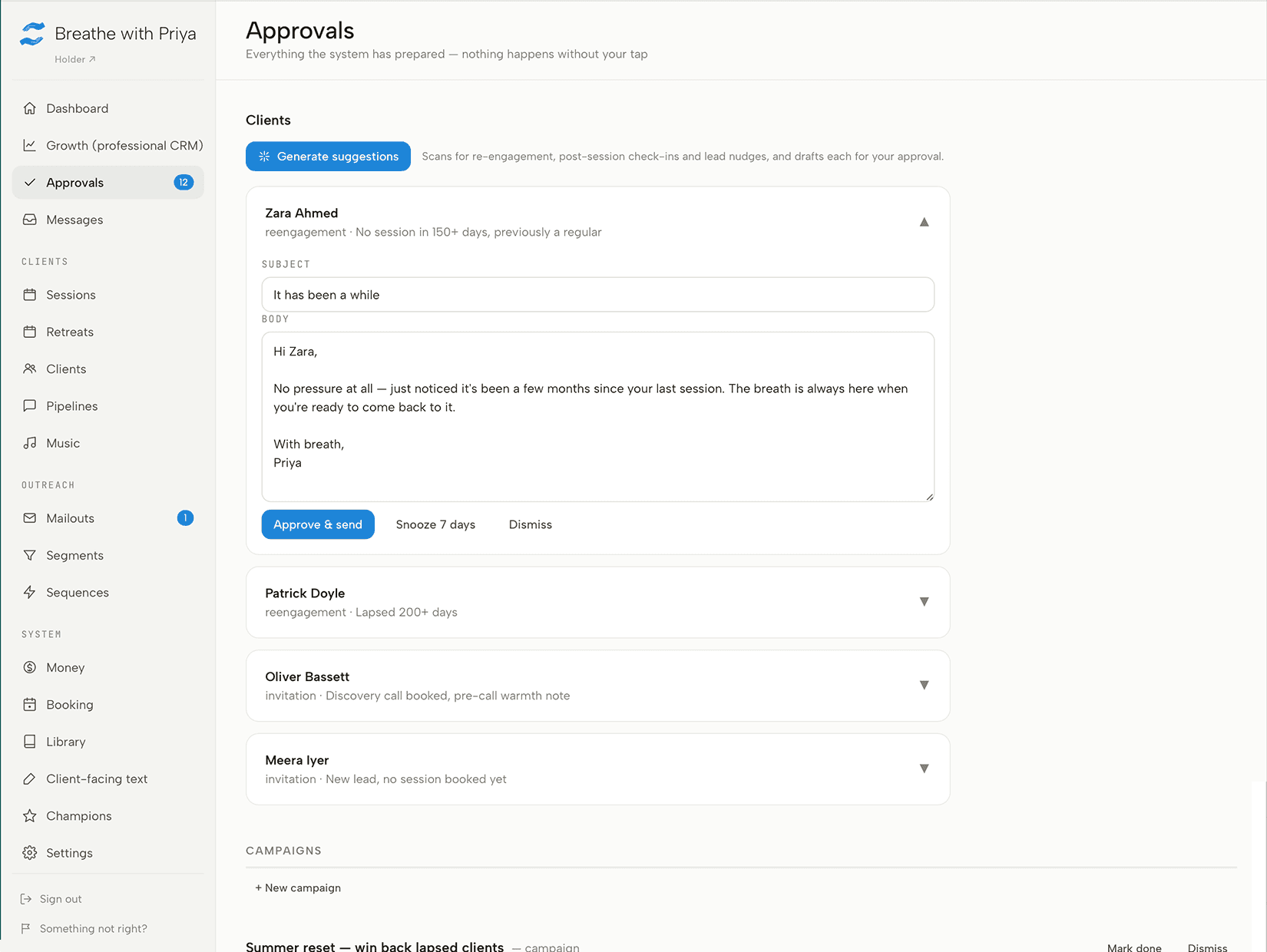 Holder Approvals queue showing AI-drafted client outreach waiting for a practitioner's sign-off