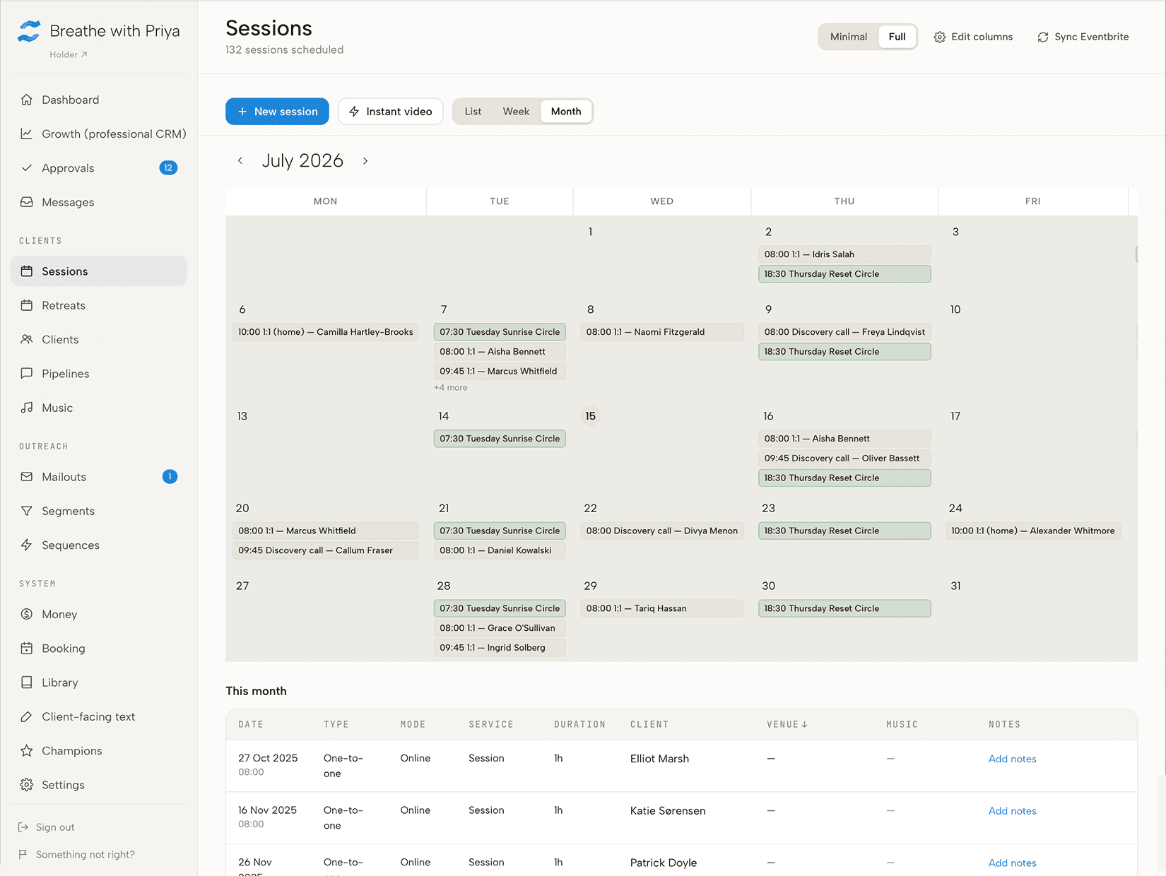 Holder's monthly booking calendar showing one-to-one sessions and recurring group circles