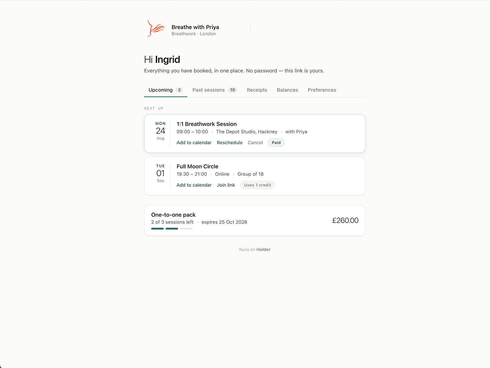 A client's own Holder portal — their upcoming and past sessions, receipts, balances and preferences, opened from a private link with no password