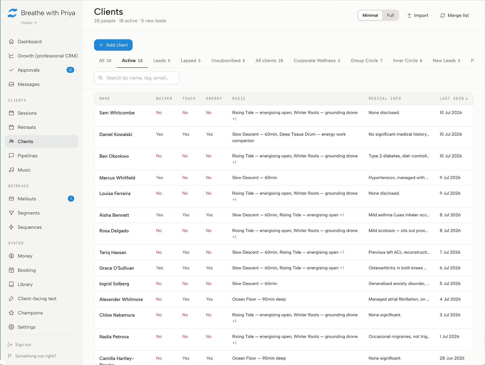 Holder client list with smart status tabs — active, leads, lapsed and custom groups — alongside waiver, touch and music-preference columns