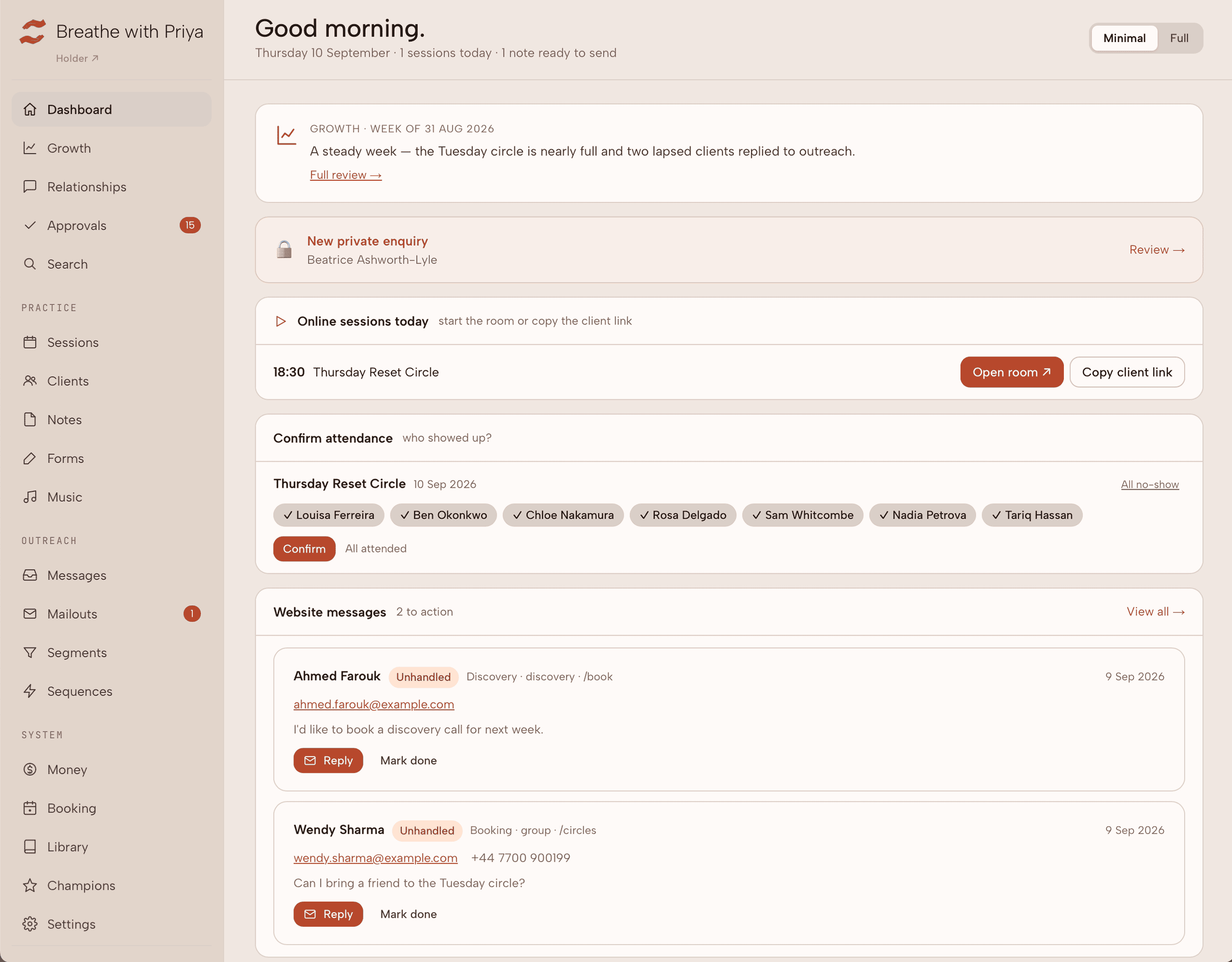 Holder practitioner dashboard in the Chocolate theme showing the weekly growth review, a new enquiry, today's online session with its room link, attendance to confirm and website messages awaiting reply