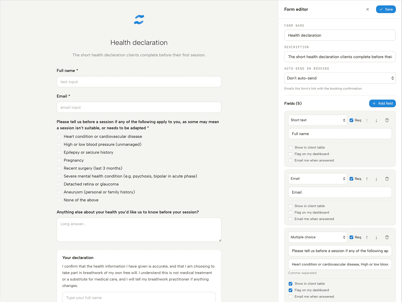 Holder's form editor for building a client intake and health-declaration form, shown with its live client-facing preview