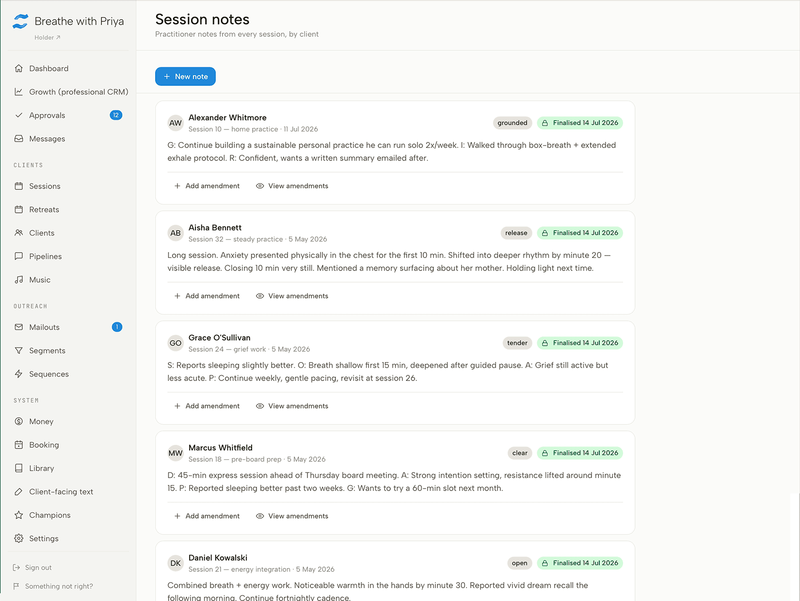 Holder session notes list showing finalised, professional-standard notes for several clients, each tagged with a mood and a link to its amendment history