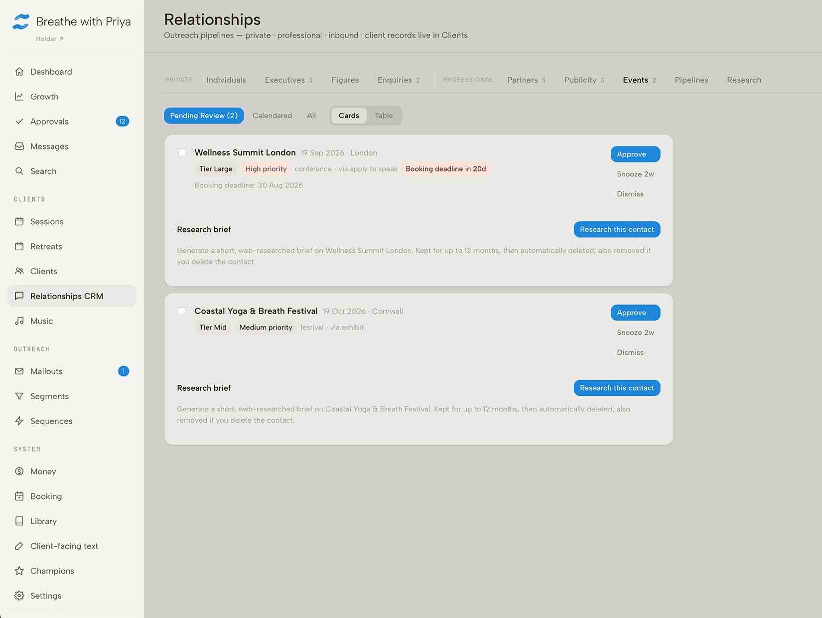 Holder's professional relationships — partner, publicity and event opportunities as cards with priority tiers, booking deadlines and AI research briefs to approve