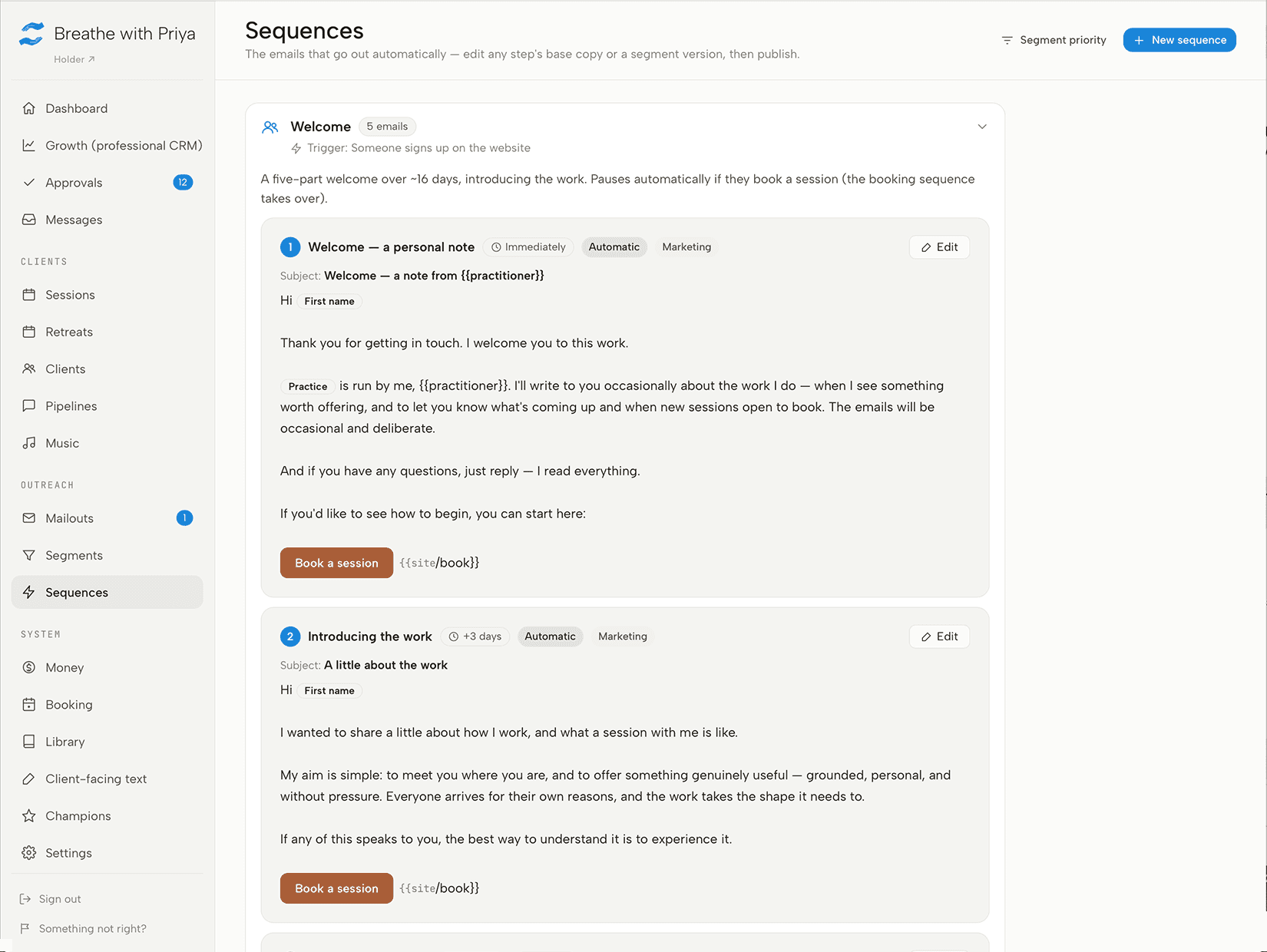 Holder Sequences builder showing the Welcome sequence's trigger and its automatic email steps, each with a subject line, preview and an edit option